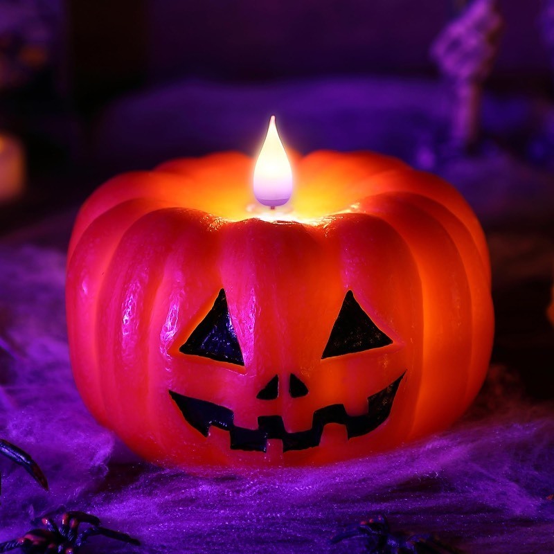 lot 6552182 image: Meonum Halloween Flickering Pumpkin Flameless LED Candle, 5.7 x 3.4 Inch Pumpkin Candle Battery Operated, 100% Pure Paraffin Wax Candle Light for Halloween Party Tabletop Window Decor(Orange)