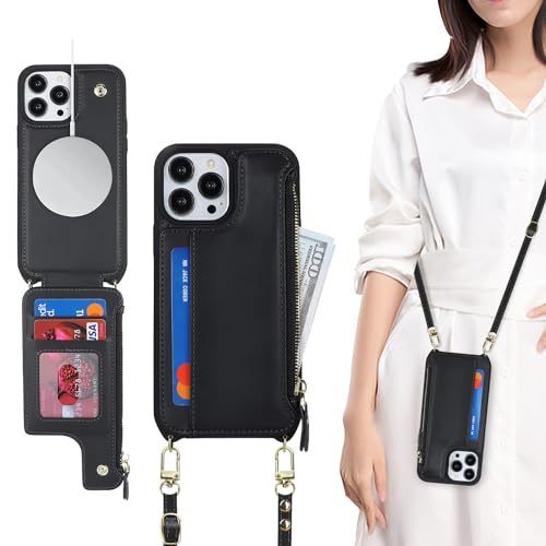 lot 6552228 image: SailorTech iPhone 14 Pro case with Credit Card Holder Phone Lanyard mag Safe for Women, iPhone 14 Pro Phone Leather Case with Zipper Wallet Compatible Wallet Case-Black