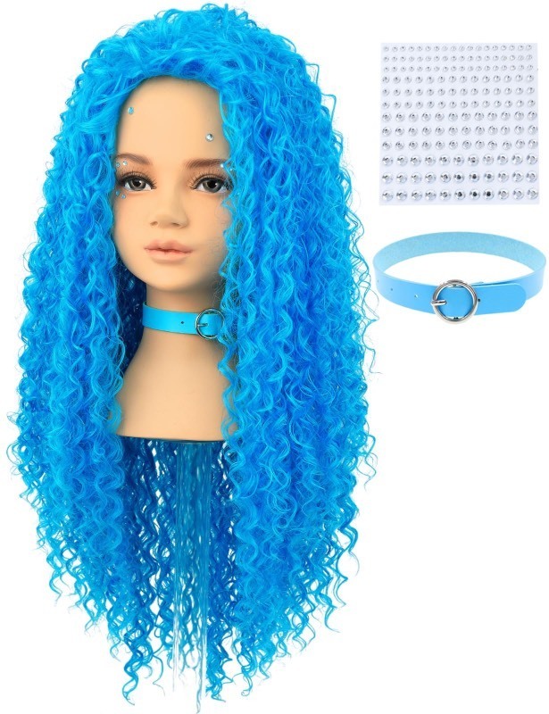 lot 6552253 image: AMZCOS Kids Long Wavy Curly Blue Heat Resistant Synthetic Hair Wigs with Blue Choker and Stickers for Girls Toddler Halloween Costume Party (Small Size)