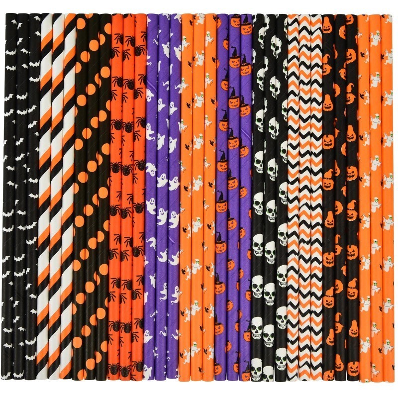 lot 6552325 image: ALINK 100 Counts Halloween Paper Straws, 10 Styles Black White Orange Purple Biodegradable Party Drinking Straws with Stripe, Wave, Dots, Skull Head, Ghost, Bats, Pumpkin, Spider Design