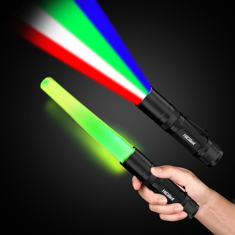 lot 6552442 image: HiGiant 2 Pack 12 Inch Traffic Wand Flashlight, Multi Color LED Traffic Control Wand with WRGB 4 Colors in 1, Signal Traffic Baton for Parking, Traffic Directing (Batteries Not Included)