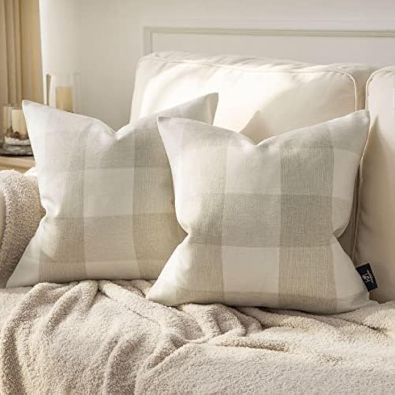 lot 6552465 image: Phantoscope Pack of 2 Gingham Buffalo Check Plaid Throw Decorative Pillow Cover Outdoor Indoor Throw Pillows Farmhouse Square Pillow Cases for Home Decor Off White,18 x 18 Inches