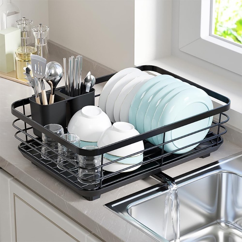 lot 6552589 image: ZUIKEMX Upgraded Dish Drying Rack, Dish Racks for Kitchen Counter, Auto-Drain, Large Capacity, Space-Saving Dish Rack with Cutlery Holder, 16.9L x 12.6W, Black