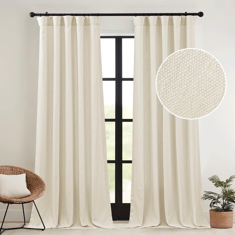 lot 6553062 image: RYB HOME Thick Faux Linen Weave Textured Curtains for Bedroom Vintage Shabby Chic Light Filtering Privacy Pinch Pleated Window Drapes for Living Room, Linen, W 52 x L 96 inch, 2 Panels