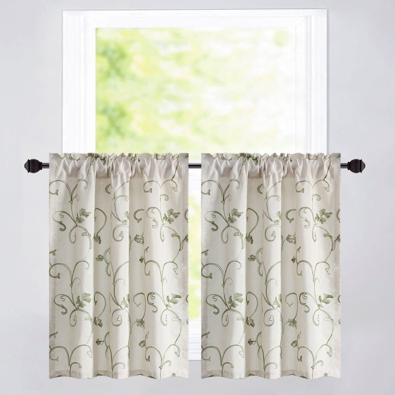 lot 6553142 image: VOGOL Kitchen Tier Curtains, Green Vines Embroidered Faux Linen Window Curtain Tier Pair 36 Inch Long Pocket Valances Panel Drapes for Cafe Small Windows, 2 Panels