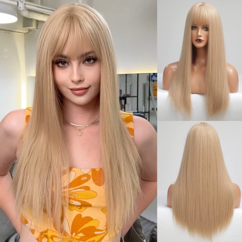 lot 6553215 image: EMMOR Light Blonde Wig With Bangs For Women Long Straight Wigs Barbie wig Synthetic For Girl Cosplay And Daily Use(26 Light Blonde)