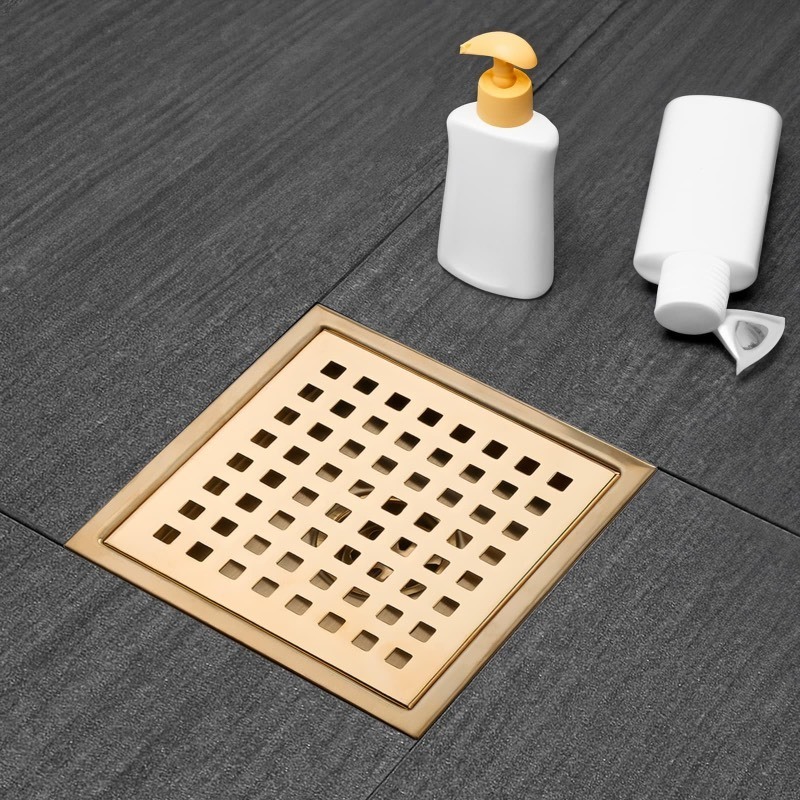 lot 6553247 image: Elefloom Square Shower Drain, Gold Shower Drain 6 inch with Flange and Removeable Grate Cover, AISI 304 Stainless Steel Gold Shower Floor Drain with Hair Catcher and Flange