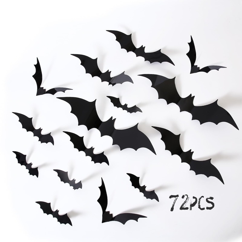 lot 6553276 image: Halloween Decorations Bats Wall Decor,72Pcs Reusable PVC 3D Black Scary Bat Wall Stickers for Creepy Home Bathroom Decor Halloween Party DIY Wall Decal Indoor Halloween Decor