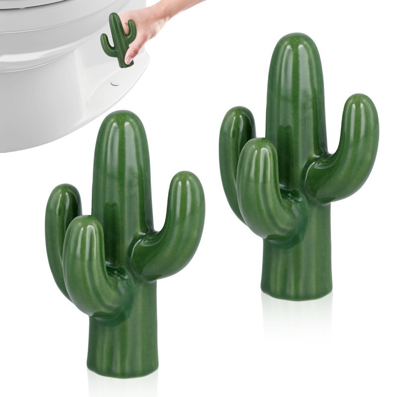 lot 6553309 image: 2pcs Toilet Bolt Caps, Ceramic Cute Cactus Covers Toilet Bolts Toilet Bolt Covers Easy installation Toilet Bowl Caps Set for Bathroom Decor