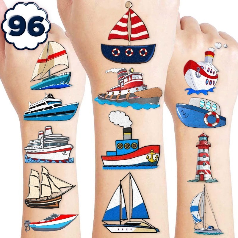 lot 6553412 image: 96 PCS Boat Temporary Tattoos for Kids Nautical Birthday Party Decorations Supplies Favors Decor Themed Marine Sailor Anchor Yacht Tattoos Stickers Gifts School Prizes Rewards