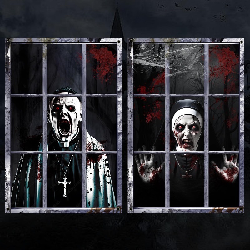 lot 6553423 image: EDYCON 2 Pack Halloween Ghost Curtain Decorations Halloween Window Scary Male Female Blood Ghost Window Cover Halloween Window Poster for Indoor Outdoor Party Decor (Priest Ghost)