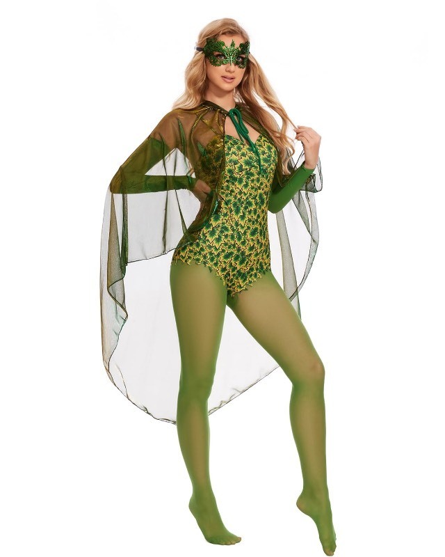 lot 6553445 image: ATAMET Halloween womens toxic villain costume, plant vine pattern full set with cloak jumpsuit cosplay (6 Pc Set(with MaskGreen cloak), Small)