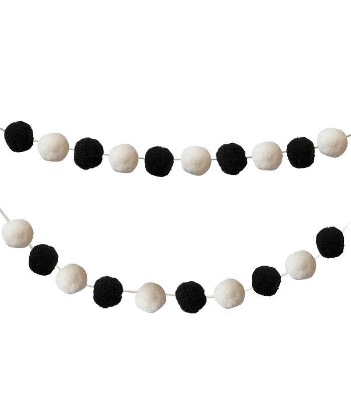 lot 6553486 image: Carson Dellosa 2-Piece Felt Ball Black and White Pom Pom Garland Set, 12 Strings of Black &amp White Pom Pom Garland for Party Decorations, Room Decor, Black and White Classroom Decor and More