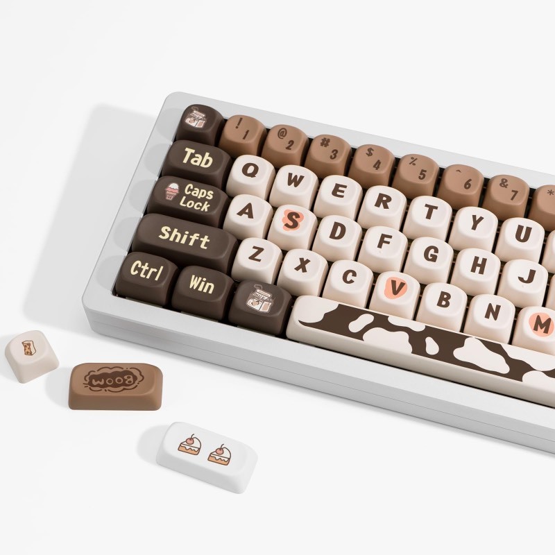 lot 6553489 image: JOLINTAL 136 Keys Round Coffee Keycaps, PBT MOA Keycaps, Dye-Sub Custom Keycaps 60 Percent, Beige Keycaps Brown Keycaps for Mechanical Keycaps (Chocolate Coffee Keycaps for Winter)