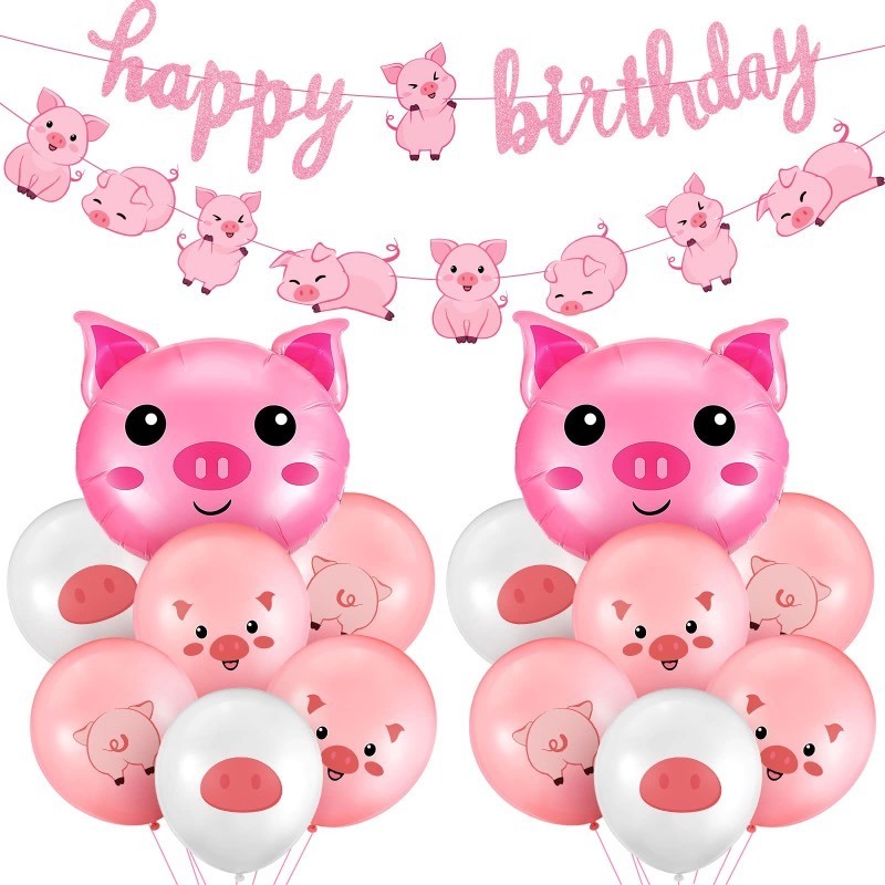 lot 6553535 image: 36 Pcs Pig Birthday Party Decorations Pink Pig Farm Animal Birthday Banner Piggy Latex Balloons Jumbo Pink Pig Head Foil Balloons for Piggy Baby Shower Decorations Pink Farm Themed Party Supplies