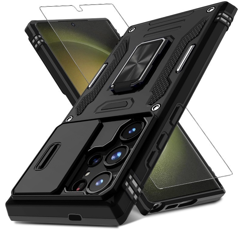 lot 6553547 image: DEERLAMN Case for Samsung Galaxy S24 Ultra with Slide Camera CoverScreen Protector (1 Pack), Rotated Ring Kickstand Military Grade Shockproof Protective Cover-Black