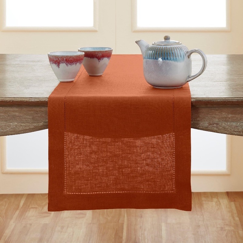 lot 6553586 image: Solino Home Cinnamon Linen Table Runner 72 Inches Long -�� 100% Pure Linen Classic Hemstitch Table Runner 14 x 72 Inch - Machine Washable Dining Table Runner