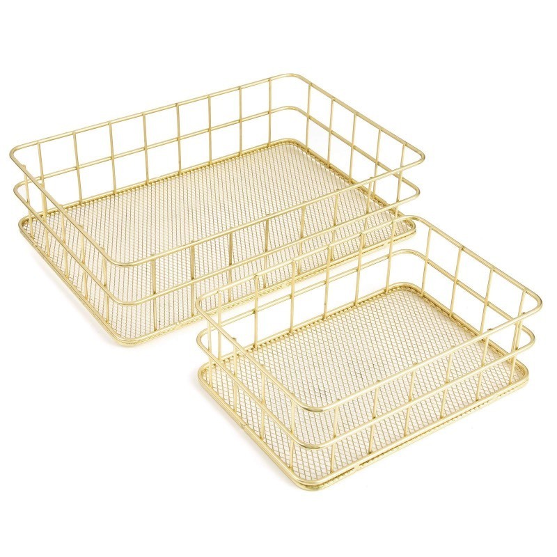 lot 6553587 image: Wire Baskets, Wire Mesh Organizer Basket, Desk Drawer Countertop Freezer Storage Organizing Basket for Entryway, Bedroom, Bathroom, Office, 2 Pack(Gold)