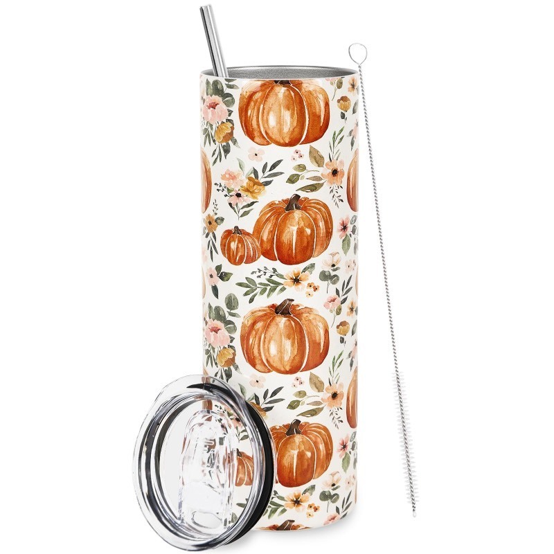 lot 6554041 image: Whaline Fall Tumbler with Lid and Straw Watercolor Pumpkin Flower Stainless Steel Cup Autumn Tumbler Cup Travel Coffee Mug for Fall Thanksgiving Decor Gift Supplies