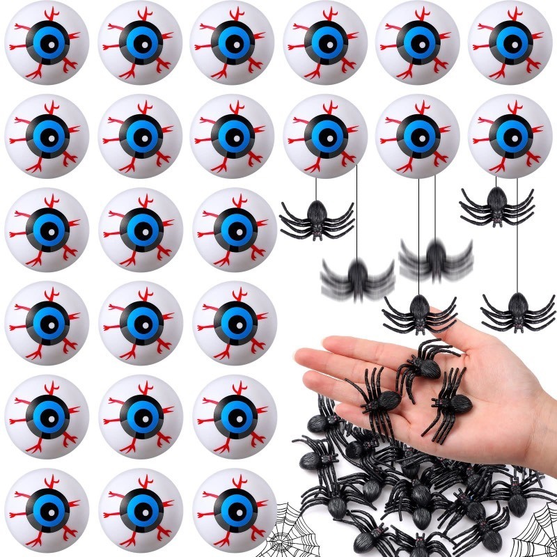 lot 6554054 image: 24 Pcs Halloween Eyeballs and 24 Pcs Realistic Plastic Spider Toys Halloween Scary Plastic Eyeballs Fake Spider Halloween Prank Props Small Size Funny for Halloween Decorations Gift