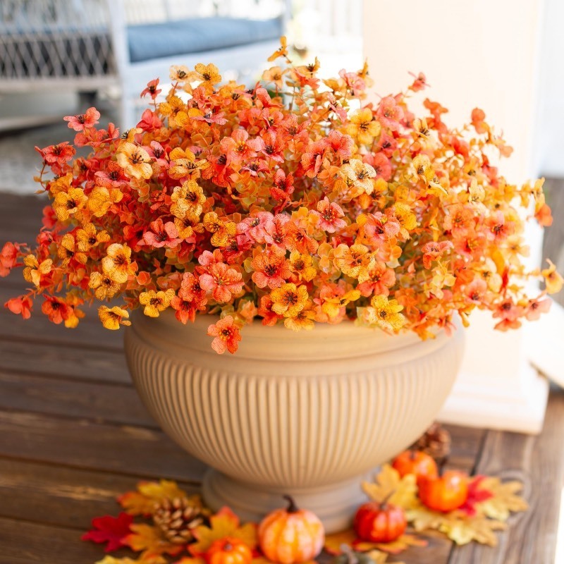 lot 6554108 image: HyeFlora Artificial Fake Fall Plants Flowers for Outdoor Outside Thanksgiving Decor, 12 Bundles Faux Autumn Orange Yellow Silk Mums Daisy Realistic UV Resistant for Planter Porch Patio Indoor Table