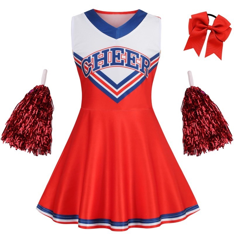 lot 6554139 image: GRAJTCIN Kids Cheerleader Costume for Girls V Neck Cheer Dress Cheerleading Uniform 10-12 Years Halloween Cosplay (150, Red)