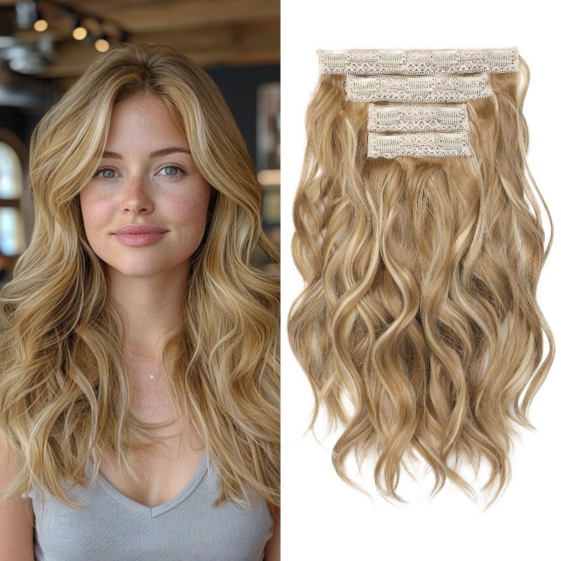 lot 6554181 image: REECHO Hair Extensions, 4PCS Clip in Hair Extensions 14 Short Beach Wavy Hair Extensions Invisible Lace Weft Natural Soft Hairpieces for Women -�� Golden Blonde with Highlights