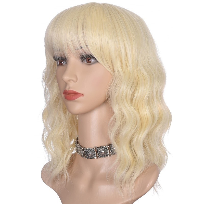 lot 6554258 image: morvally Short Blonde Wavy Bob Wig with Bangs for Women 16 Inches Natural Synthetic Hair Wavy Wigs