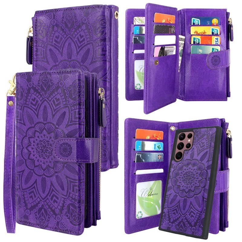 lot 6554415 image: Harryshell Detachable Magnetic Zipper Wallet Leather Case with Cash Coin Pocket 12 Card Slots Holder Wrist Strap Lanyard for Samsung Galaxy S22 Ultra (2022) Flower (Purple)