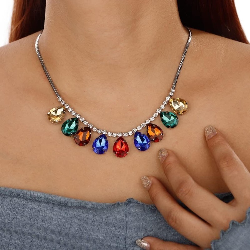 lot 6554417 image: Xerling Multicolor Teardrop Crystal Dangling Statement Choker Necklaces for Women Colorful Rhinestones Silver Chains for Girls (Type D)