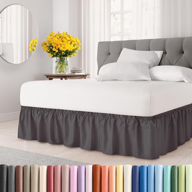 lot 6554425 image: Wrap Around Dust Ruffle Bed Skirt -�� Dark Grey - Bed Skirt for Full Size Beds with 15 in. Drop -�� Easy Fit Elastic Strap - Pleated Bedskirt with Brushed Fabric - Wrinkle Free, Machine Wash - CGK Linens