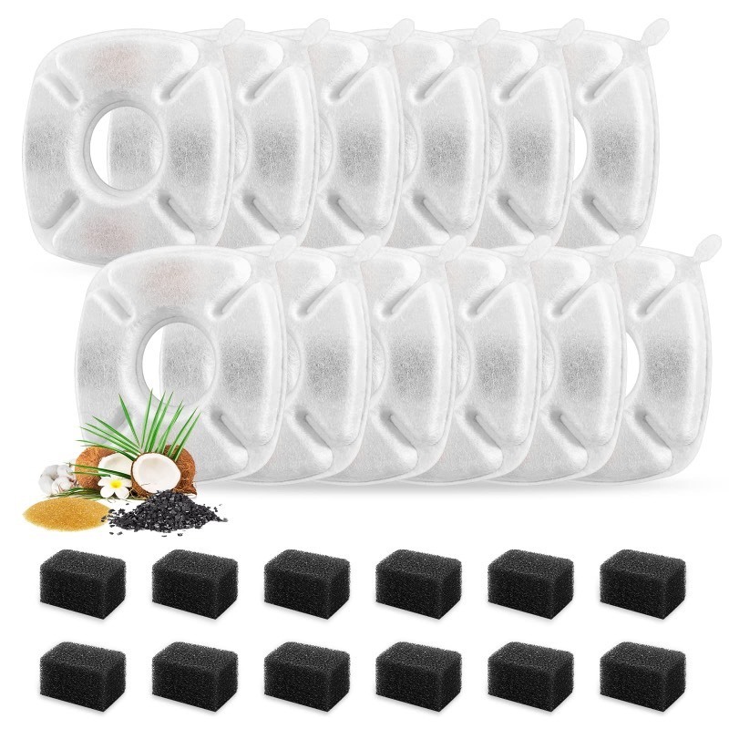 lot 6554523 image: 24 Pcs Cat Fountain Replacement Filters 12 Pack Cat Water Fountain Replacement Filters with 12 Pack Pre-Filter Sponges, Pet Fountain Filter Fit for 95oz2.8L Automatic Pet Fountain Cat Water Fountain