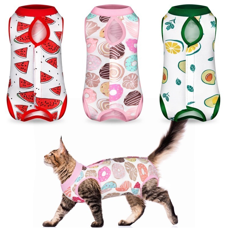 lot 6555025 image: 3 Pieces Cat Recovery Suit Kitten Recovery Suit E-Collar Alternative for Cats and Dogs Abdominal Skin Anti Licking Pajama Suit (Watermelon Pattern, Small)
