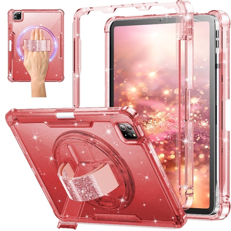 lot 6555034 image: INFILAND Compatible with iPad Air 11 Inch Case M2(2024), iPad Air 6th5th4th Gen (202420222020), 360° Hand Strap Clear Back Dual Layer Shockproof Cover with Kickstand Glitter Burgundy