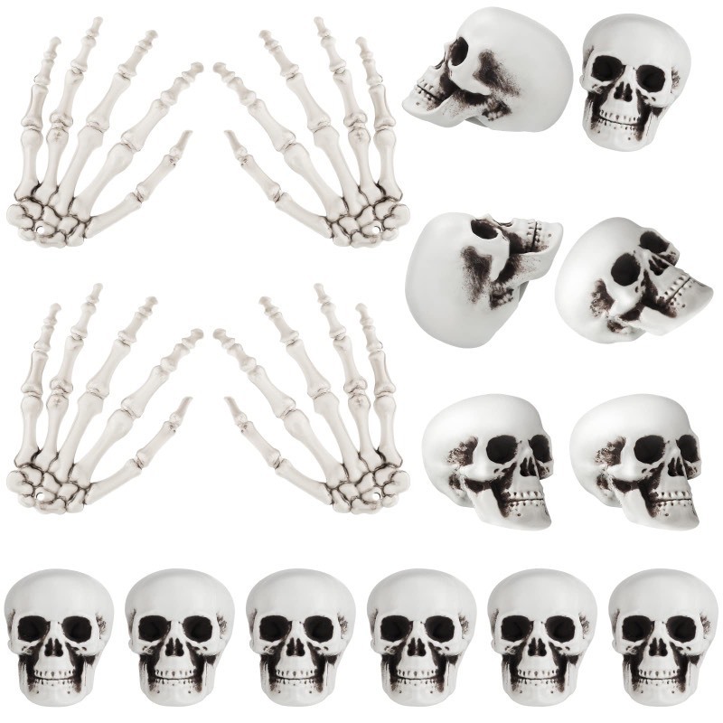 lot 6555234 image: 16 Pieces Halloween Decoration Set Includes 10 Halloween Mini Skull Heads and 4 Skeleton Hands Realistic Looking Skulls Plastic Fake Human Hands Craft Toy for Halloween Party, Halloween Decor Props