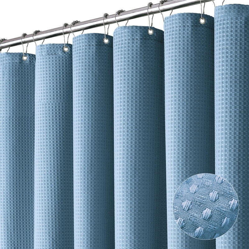 lot 6555325 image: Dynamene Blue Fabric Shower Curtain - Waffle Weave Textured Heavy Duty Cloth Shower Curtains for Bathroom, 256GSM Hotel Luxury Weighted Bath Curtain Set with 12 Plastic Hooks,72x72, Moonlight Blue
