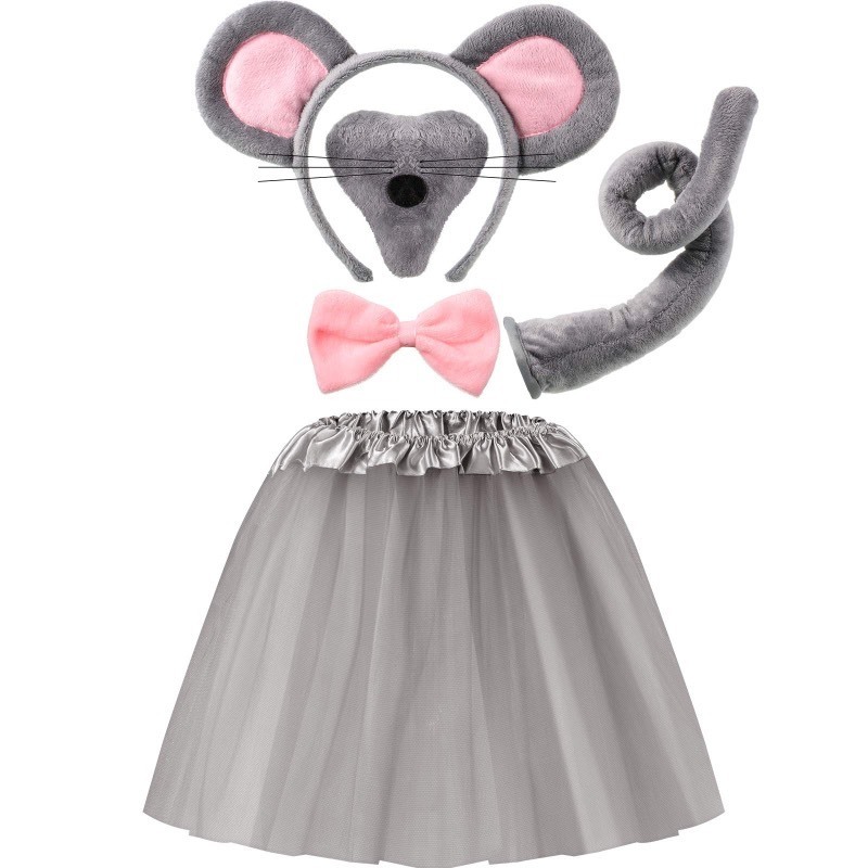 lot 6555353 image: Geyoga Kids Mouse Costume Set Mouse Tutu Skirt Animal Ears Nose Bow Tie Tail Tutu Skirt Fancy Costume Accessories Halloween(Gray)