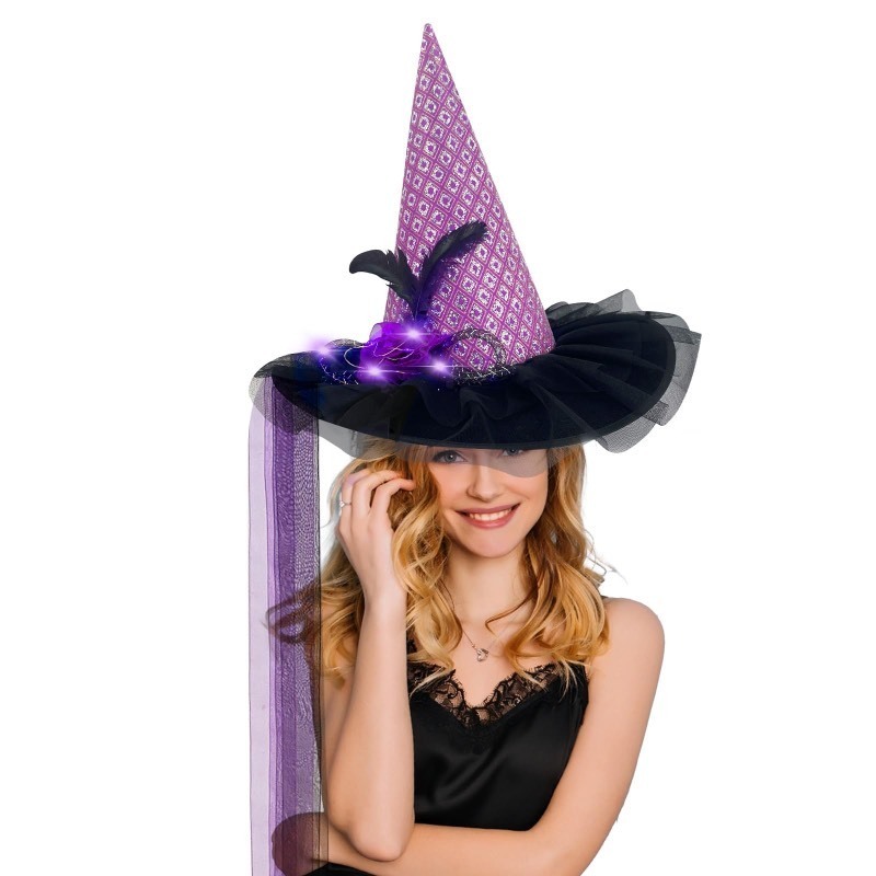 lot 6555363 image: PIGKANG Halloween Women Purple Witch Hat with LED Lights Costume Gauze Feathers Sequins Decoration Light up Hats for Festival Carnival Party