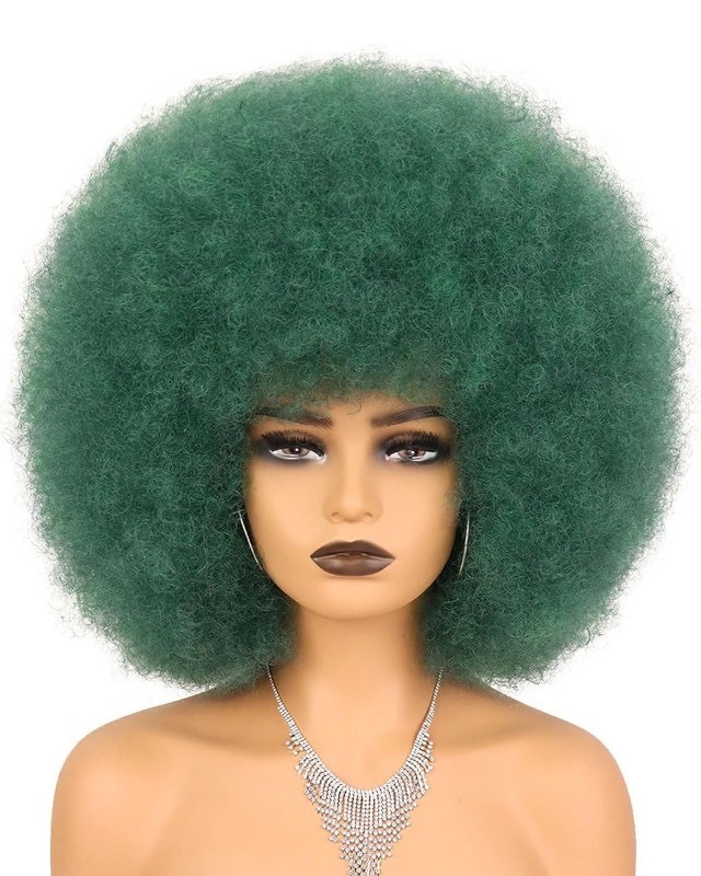 lot 6555377 image: Wallden Hair Green Afro Wig and Costume Halloween Wig for black Women Glueless Wear and Go Wig Short Afro Puff Kinky Curly Wigs and Heat Resistant Bouncy Wigs (Dark Green)