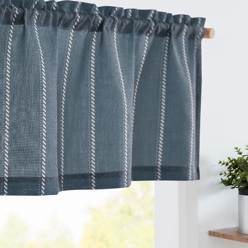 lot 6556125 image: jinchan Nautical Valance Striped Linen Curtain 16 Inches Farmhouse Valance Curtain for Living Room Kitchen Cafe Light Filtering Rustic Half Window Curtains Pinstripe Valance Rod Pocket 1 Panel Blue