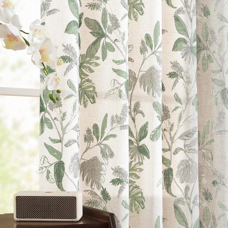 lot 6556332 image: jinchan Linen Curtains for Living Room 96 Inches Length Tropical Leaf Print Botanical Curtains Flax Farmhouse Country Curtains Rod Pocket Light Filtering Window Drapes Set 2 Panels Green
