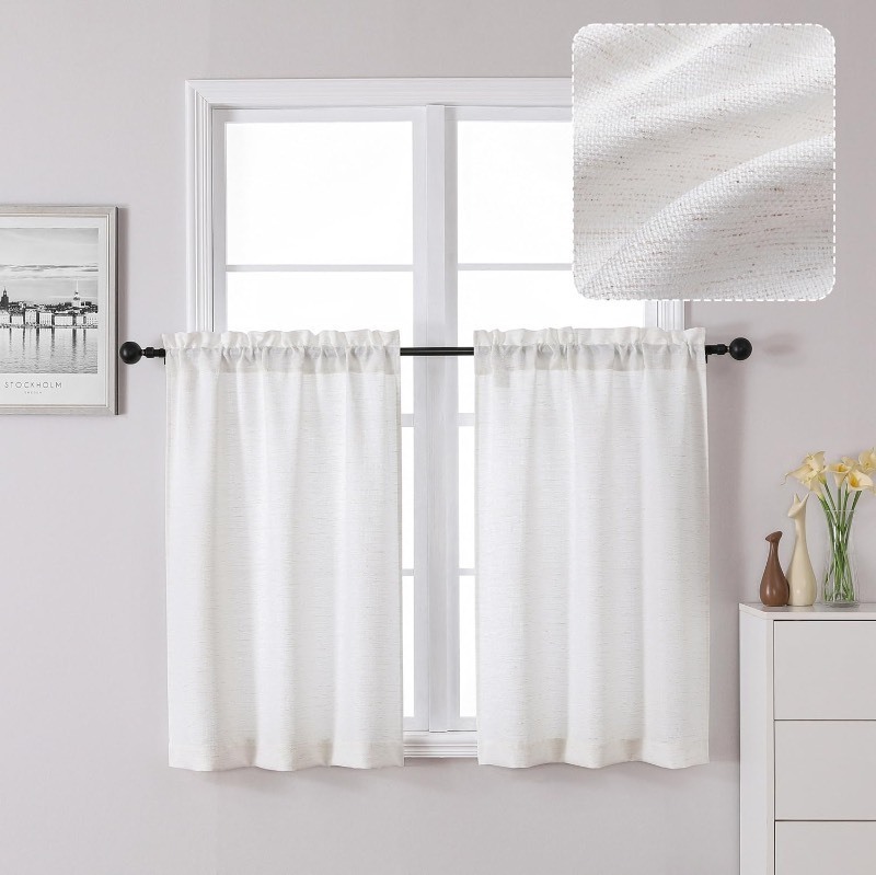 lot 6556439 image: Chyhomenyc Bennet Kitchen Curtains 36 Inch Length Tier Curtains, Faux Linen Textured Small Cafe Curtains, Light Filtering Short Window Curtains for Bathroom Basement, 30x36 inch, 2PCS, Natural