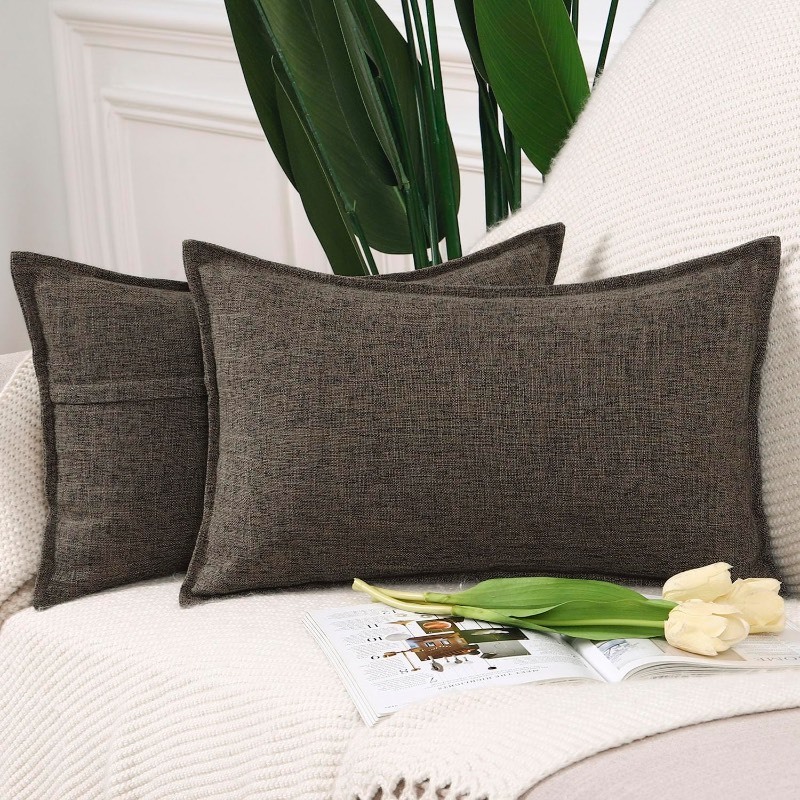 lot 6561034 image: MADIZZ Set of 2 Flanged Linen Throw Pillow Covers 12x20 Inch Dark Taupe Soft Decorative Cushion Cover for Sofa Bedroom Pillow Shell