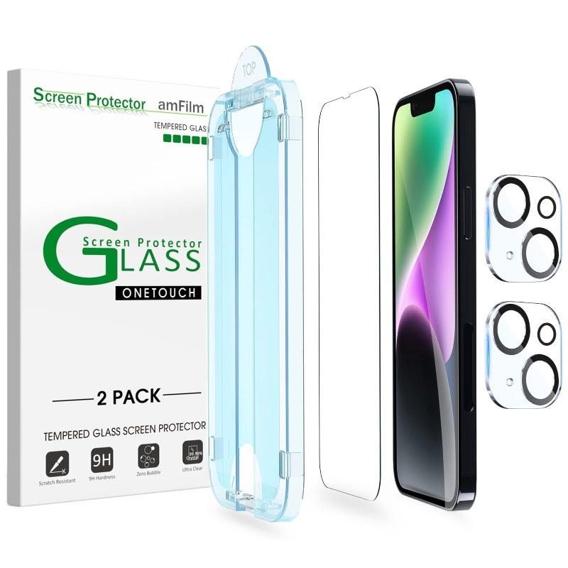 lot 6561098 image: amFilm (22 PACK OneTouch Compatible with iPhone 14 Plus 6.7 Tempered Glass Screen Protector and Camera Lens Protector, Edge to Edge Full Coverage with Easy Installation Kit
