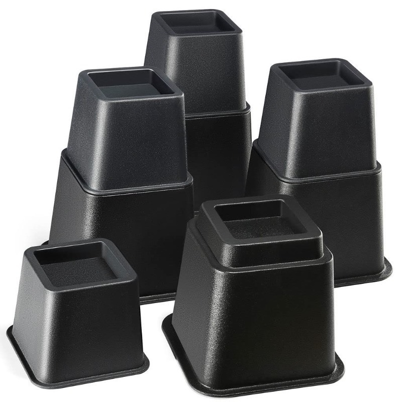 lot 6561175 image: Home It Adjustable Bed Risers - Elevation in 3, 5 or 8 Inch - Heavy Duty Stackable Furniture Risers Supports 1,300 lbs - for Under-Bed Storage, College Dorms, Table and Couch, 4 Pack Bed Lifts Black