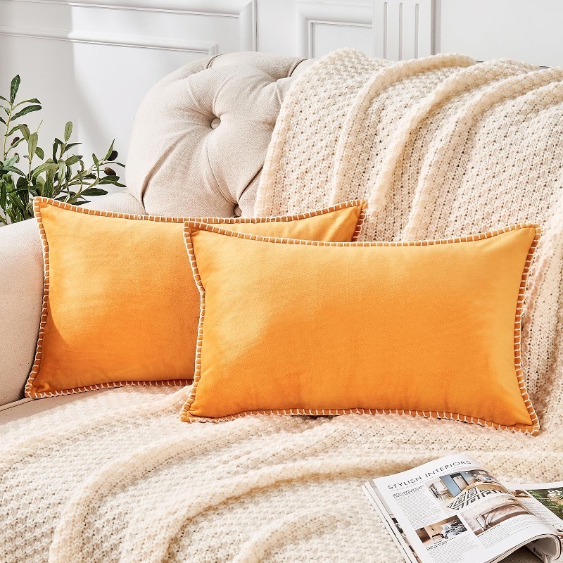 lot 6561236 image: GAWAMAY Rectangle 12 x 20 Velvet Throw Pillow Covers Set of 2 with Chenille Adge, Decorative Lumbar Support Pillow Cover for Sofa Couch Chairs Bedroom Living Room Pillowcase (30x50cm) Mustard Yellow