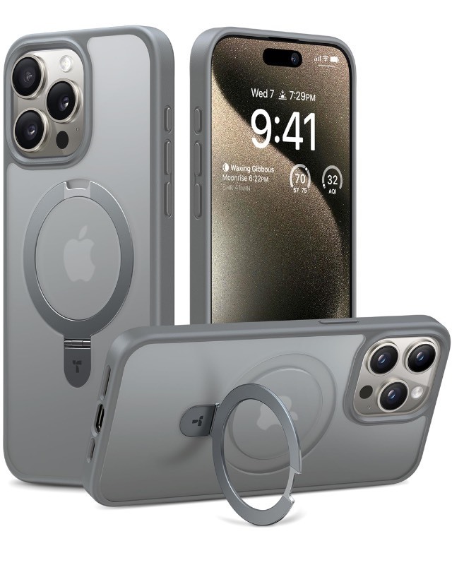 lot 6561283 image: TORRAS Ultra Magnetic Ostand for iPhone 15 Pro Case Fit for MagSafe Sturdy Stand & Ring Holder Mil-Grade Shockproof Matte Anti-Scratch Slim Protective Kickstand Phone Case, Natural Titanium 6.1