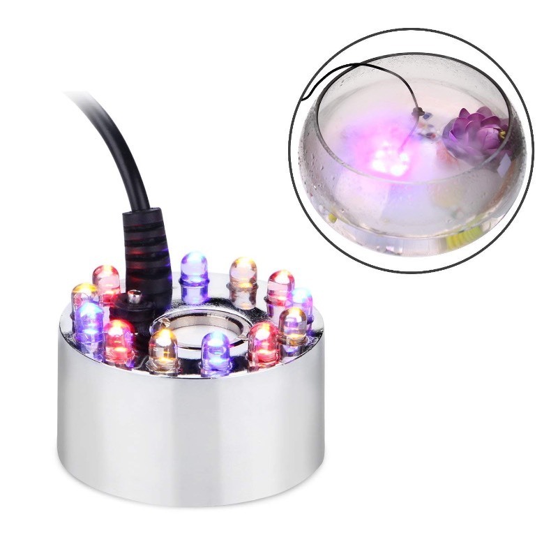 lot 6561376 image: AGPTEK Aluminum Mist Maker Water Fountain Pond Fogger Air Humidifier Atomizer Mini Fog Machine with 12 Color Changing LED Lights