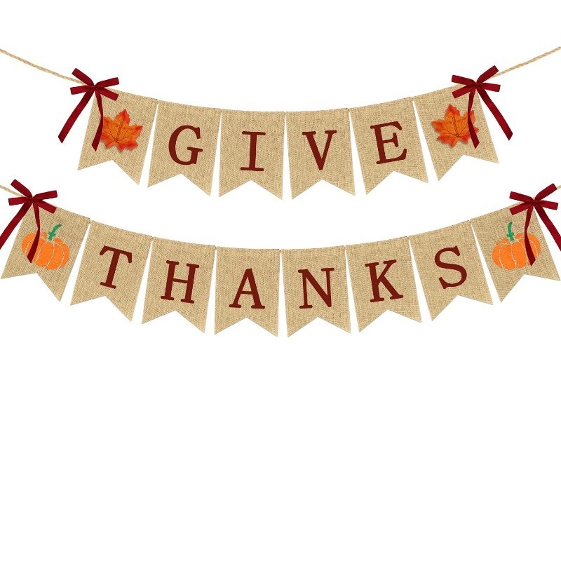 lot 6561397 image: Give Thanks Burlap Banners Thanksgiving Decorations  Rustic Thanksgiving Turkey Pumpkin Burlap Garland  Thanksgiving Day Party Supplies - 2 Strings, NO DIY Fireplace Mantle Home Decoration
