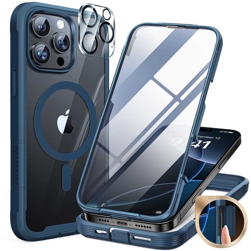 lot 6561593 image: Miracase Magnetic for iPhone 16 Pro Case Full-Body Phone with Built-in Glass Screen Protector, Compatible with MagSafe Military Drop Proof 16 Pro Cover Bumper 6.3 inch, Blue